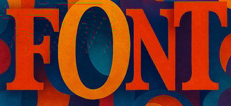 Bold, stylized letters spelling "FONT" in vibrant orange and red hues against a layered background of abstract, overlapping shapes in blue, teal, and purple tones.
