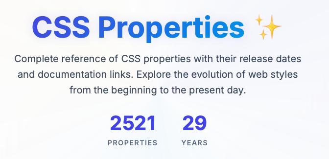 Banner with gradient text reading “CSS Properties ✨” followed by a description about a complete reference of CSS properties, and stats showing 2,521 properties over 29 years.