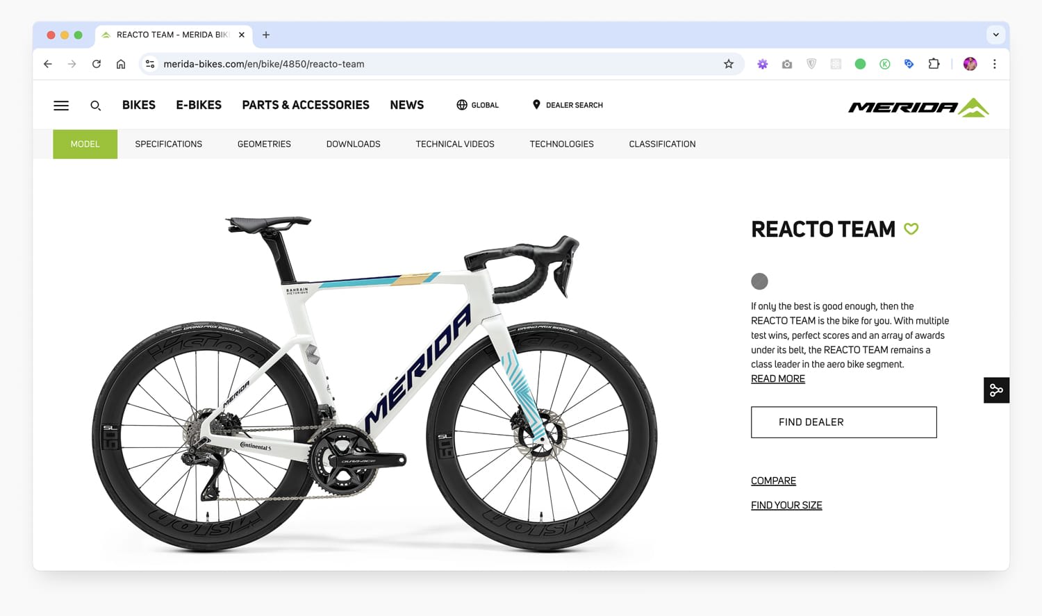 Screenshot of the Merida website showing the REACTO TEAM road bike in white with blue and gold accents, black wheels, and aerodynamic frame design.
