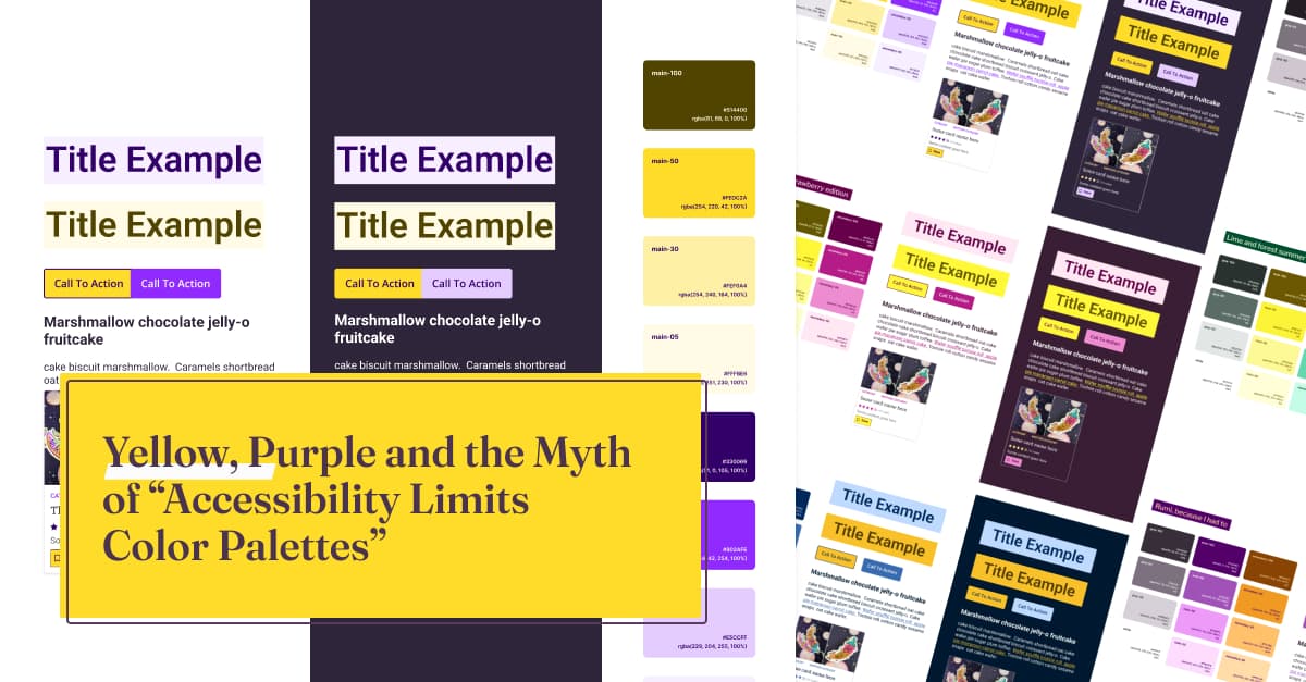 Collage of website mockups using various accessible color palettes, primarily featuring combinations of yellow, purple, and dark backgrounds, with a central yellow box displaying the text “Yellow, Purple and the Myth of ‘Accessibility Limits Color Palettes’”.