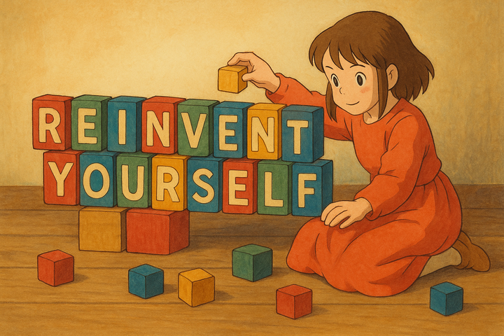 Illustration of a girl in a red dress building a wall of colorful toy blocks that spell “REINVENT YOURSELF.”
