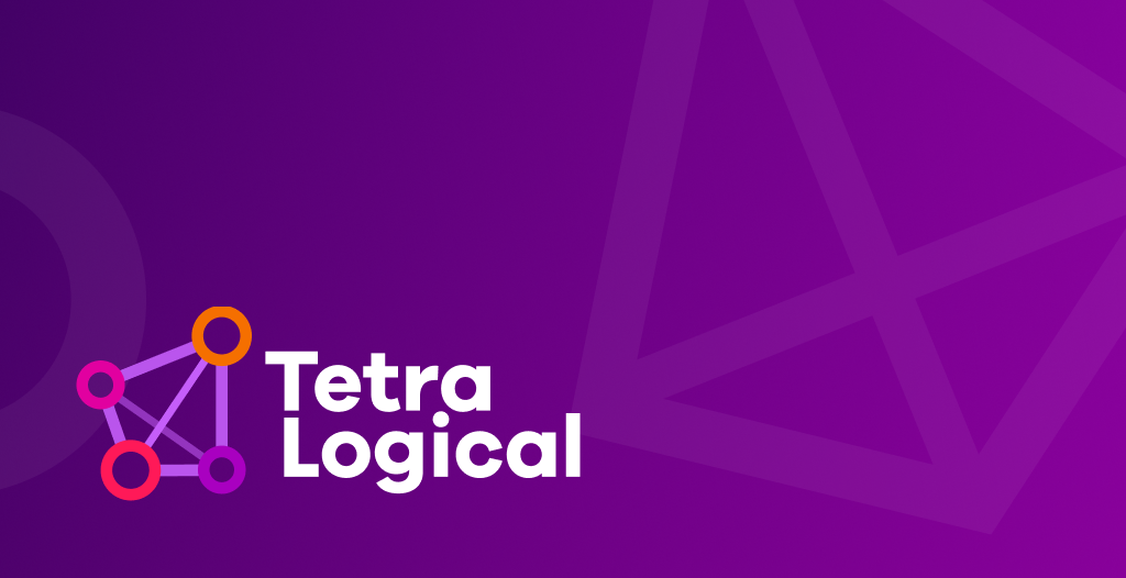 Logo for Tetra Logical with geometric network of four connected circles in pink, orange, and purple on a purple gradient background with abstract triangular line art.
