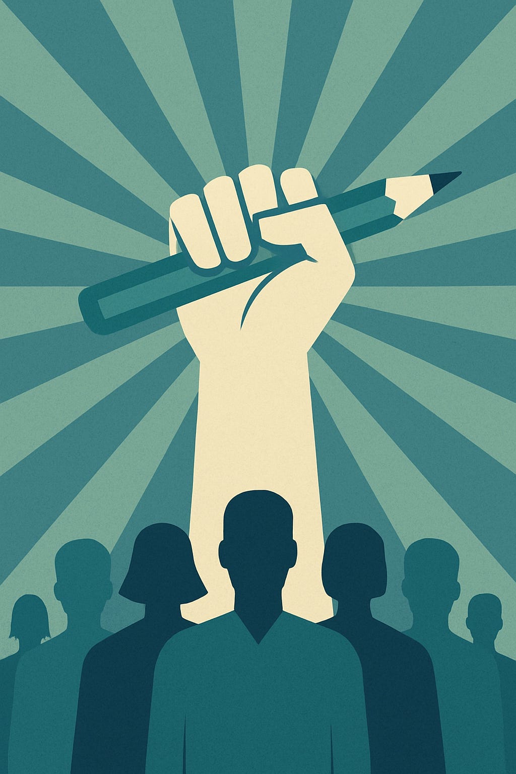 A large raised fist holding a pencil is centered against a radial burst background, symbolizing creative empowerment or artistic protest, with silhouetted figures standing below in solidarity.