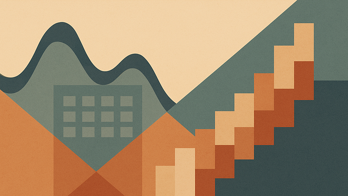 Abstract geometric illustration featuring a mountain-like wave, a grid of squares resembling windows, angular shapes forming a staircase, and intersecting triangular and rectangular color blocks in muted tones of orange, teal, and beige.