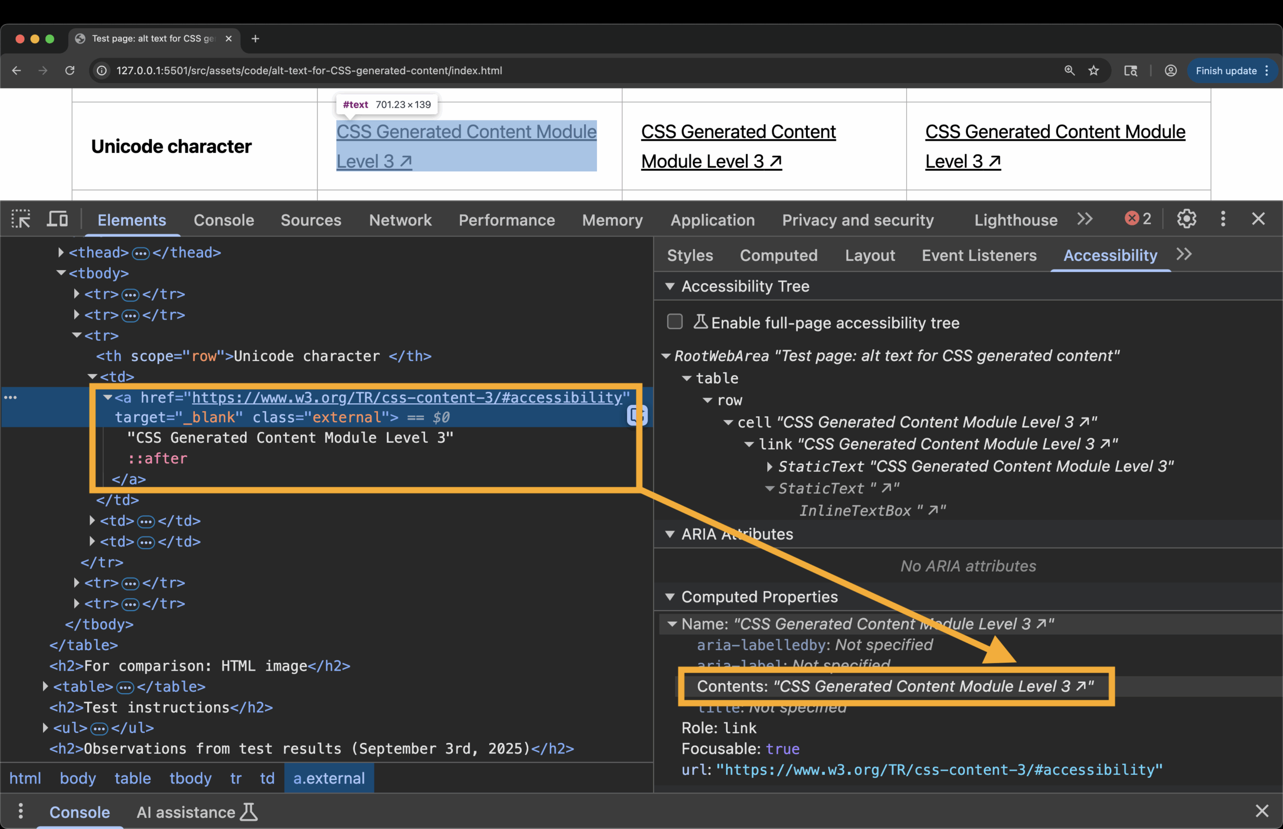 Screenshot of a browser developer tools window showing an HTML table cell containing a hyperlink with CSS-generated content, with the accessibility tree confirming the rendered link text includes both static and generated content: 'CSS Generated Content Module Level 3 ↗'.
