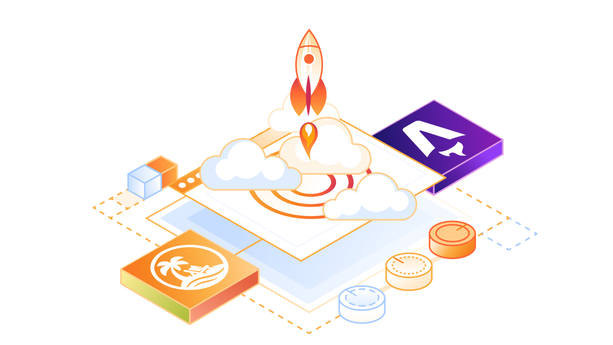 Illustration of a rocket launching from a cloud-filled digital platform, surrounded by abstract 3D icons including a palm tree and airplane, a stylized 'A' on a purple block, and various disks and cubes connected by dashed lines.