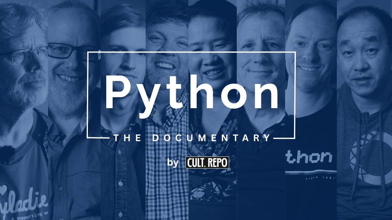 Collage of nine people with the text 'Python The Documentary' in bold white letters overlaid at the center, and 'by Cult. Repo' below.
