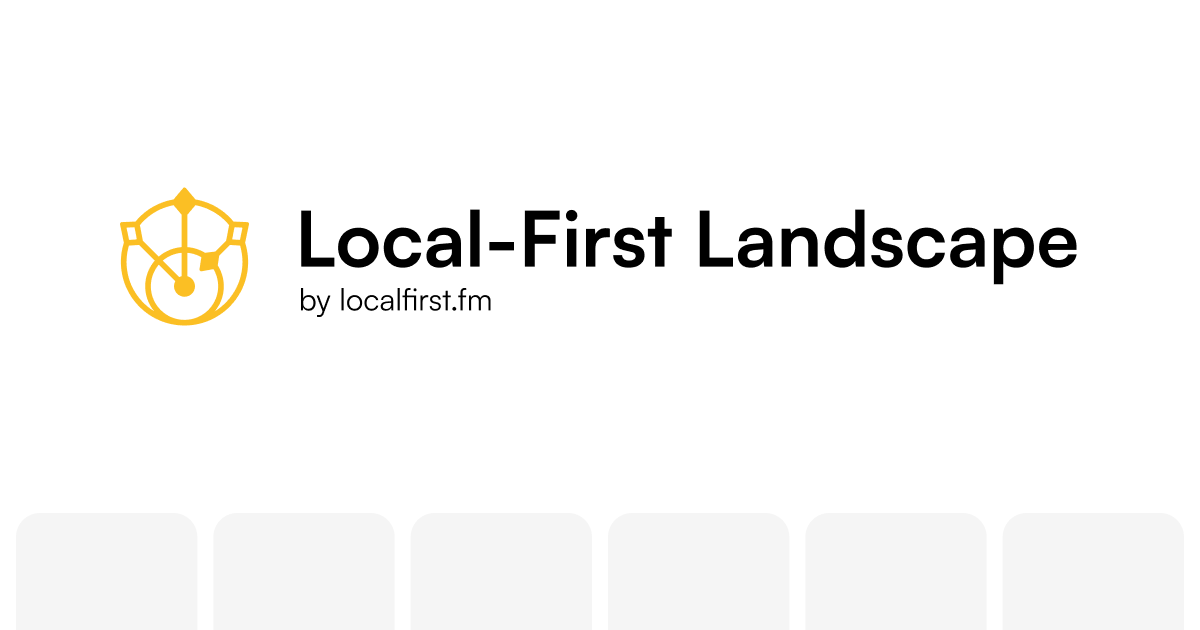 Logo for Local-First Landscape by localfirst.fm, featuring a yellow geometric emblem resembling a network or abstract flower to the left of the text.