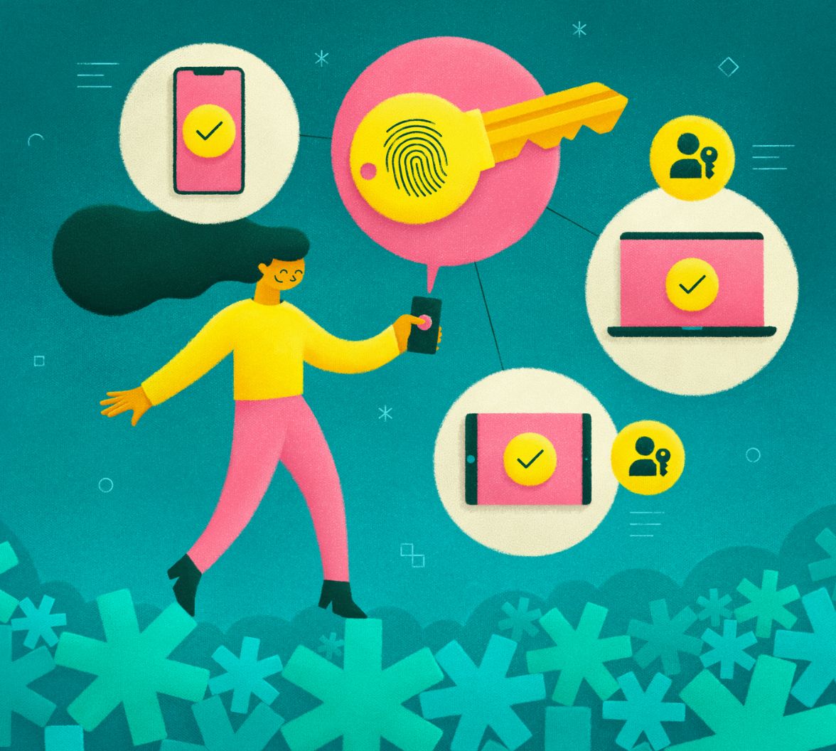 Colorful illustration of a person using biometric authentication on a smartphone, with icons representing secure access to multiple devices and services including a phone, tablet, and laptop, symbolized by checkmarks, keys, and fingerprint graphics.