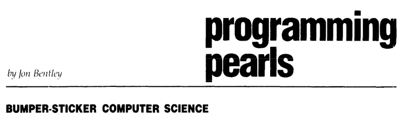 Title graphic for 'Programming Pearls' by Jon Bentley with the subtitle 'BUMPER-STICKER COMPUTER SCIENCE' in bold uppercase letters.