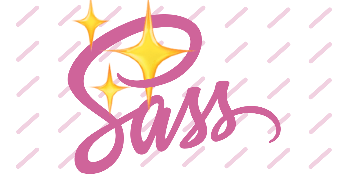 Stylized "Sass" logo in pink cursive script with sparkles overlaid and a background of diagonal pink lines on a white canvas.
