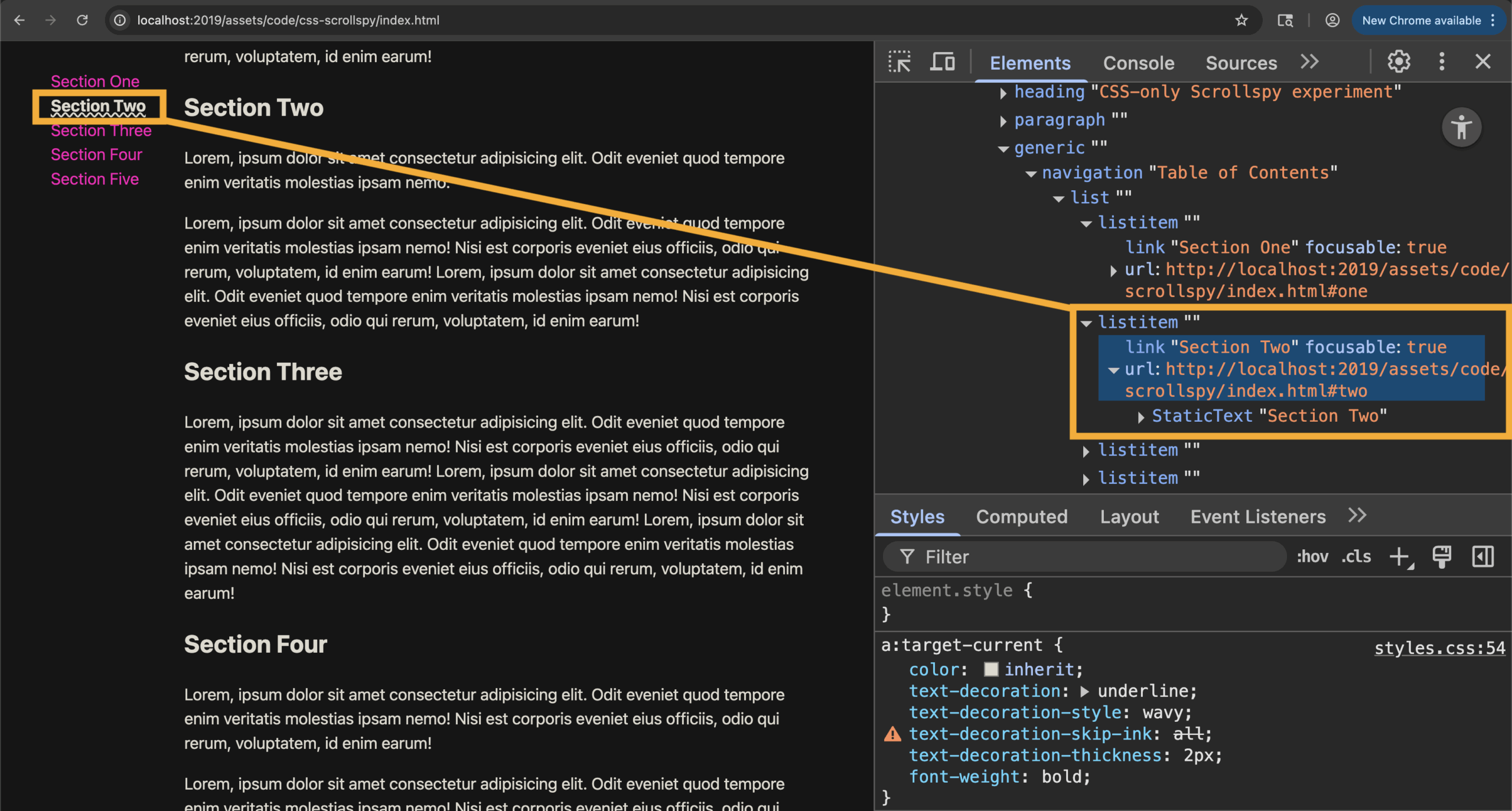 Accessibility tree visualization showing scroll-driven CSS effects