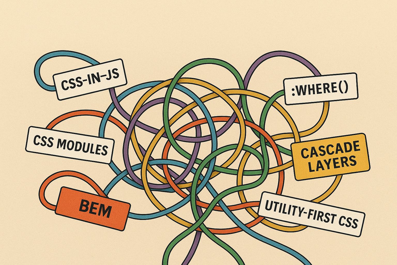 A tangled mass of multicolored lines representing different CSS methodologies and features, each labeled with tags such as CSS-IN-JS, CSS MODULES, BEM, :WHERE(), CASCADE LAYERS, and UTILITY-FIRST CSS.