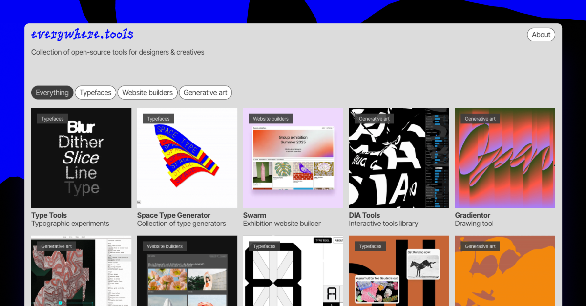 Screenshot of the Everywhere.tools website displaying a grid of open-source tools for designers, with filter buttons for Everything, Typefaces, Website builders, and Generative art, and thumbnail previews of tools like Type Tools, Space Type Generator, Swarm, DIA Tools, and Gradientor.
