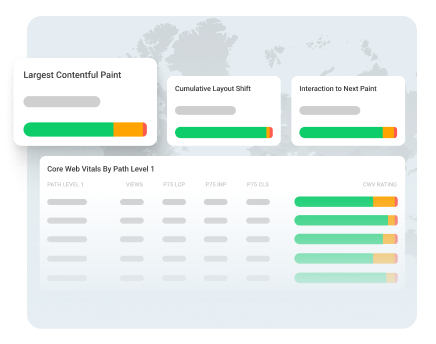 Dashboard-style graphic showing metrics for Largest Contentful Paint, Cumulative Layout Shift, and Interaction to Next Paint, each with colored performance bars; below is a table titled "Core Web Vitals By Path Level 1" displaying data columns and corresponding performance bars, all overlaid on a blue-toned world map background.