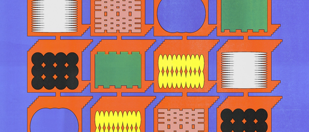Grid of abstract geometric shapes in a 4x4 pattern with vivid colors, featuring various textures and cutouts in red, black, green, yellow, white, blue, and orange against a purple background.