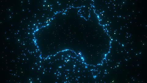 Digital illustration of Australia's outline formed by glowing blue particles on a dark background.