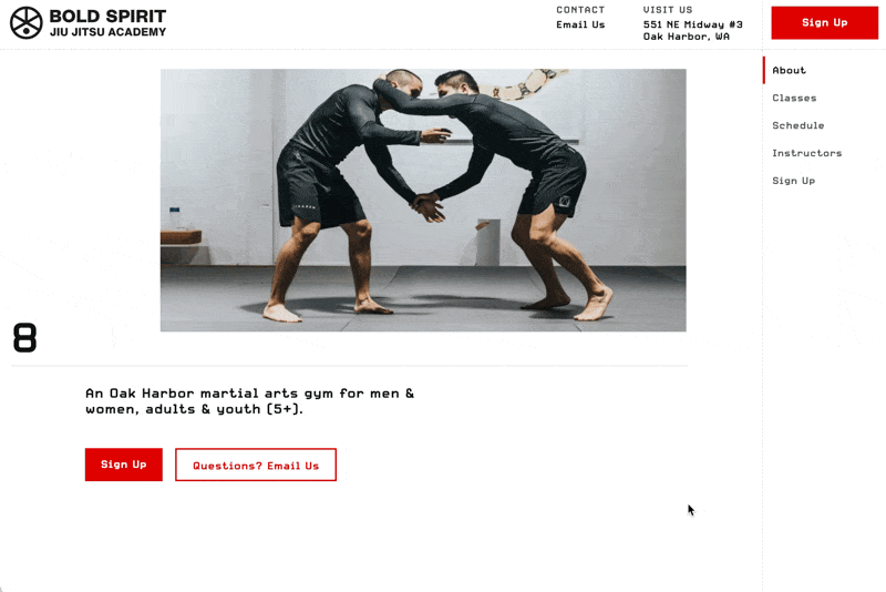 Animated scroll through a design for jiu jitsu academy.