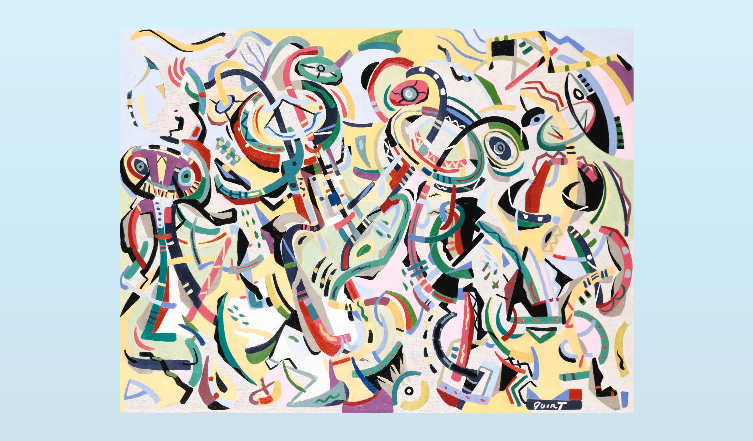 Abstract painting with vibrant, overlapping shapes and lines in red, green, yellow, black, and blue on a pale background, suggesting dynamic, humanoid forms in motion.