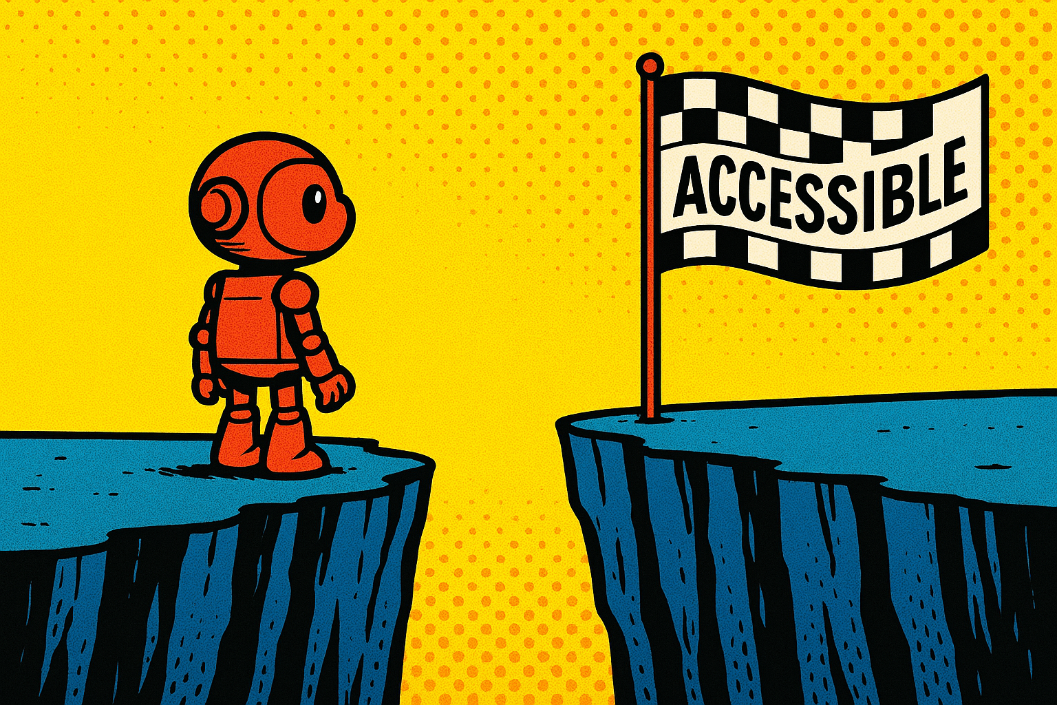 Cartoon robot standing on the edge of a cliff, looking across a gap toward another cliff with a checkered flag labeled "Accessible" against a bright yellow background.