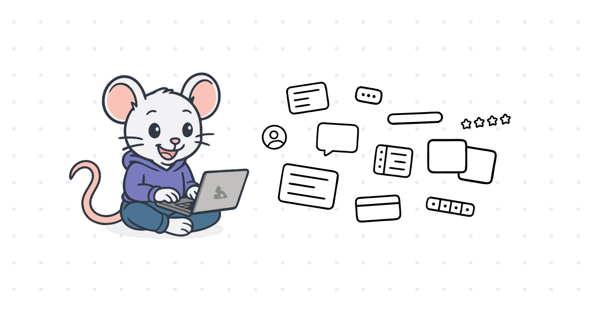 Cartoon mouse wearing a hoodie and using a laptop, surrounded by floating icons representing user interface elements like chat bubbles, buttons, and rating stars.