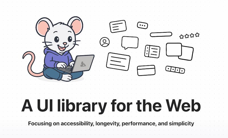 Illustration of a cartoon mouse wearing a hoodie and using a laptop, surrounded by UI elements like buttons, chat bubbles, and rating stars, with the text "A UI library for the Web" and subtext "Focusing on accessibility, longevity, performance, and simplicity."