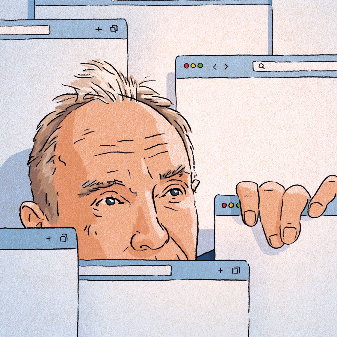Illustration of a Tim Berners-Lee peeking out from behind overlapping web browser windows, with a hand gripping one of the windows.