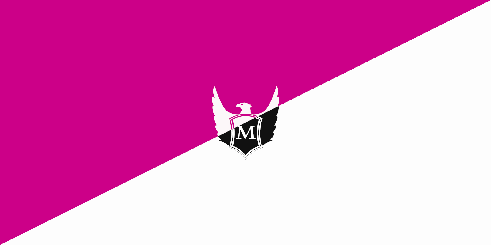 Diagonal bicolor flag with a magenta upper half and white lower half, featuring a black and white eagle emblem at the center