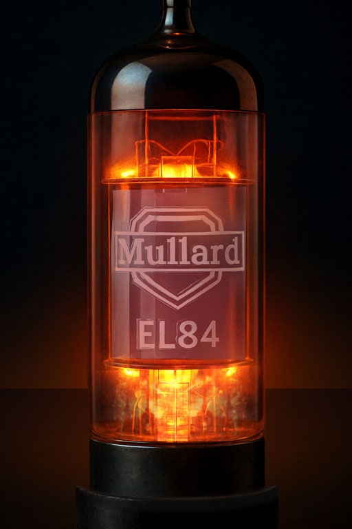 Glowing Mullard EL84 vacuum tube with orange illumination inside a glass enclosure against a dark background.