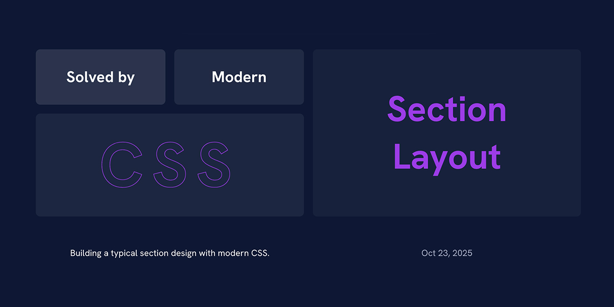 Dark-themed graphic with the phrases "Solved by", "Modern", "CSS", and "Section Layout" in bold typography, accompanied by the caption "Building a typical section design with modern CSS." and the date "Oct 23, 2025" at the bottom.

