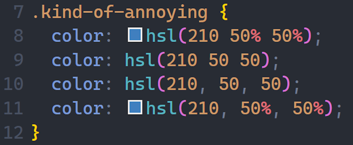 CSS code snippet defining a .kind-of-annoying class with four variations of the color property using hsl() notation, each with slightly different syntax for separating values (spaces vs. commas, and percentage signs with or without spacing).