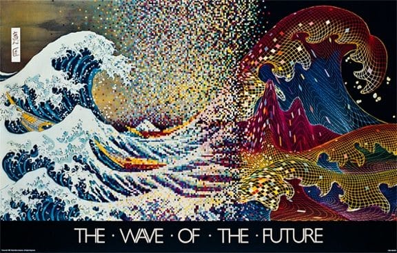Split image artwork with Hokusai’s traditional woodblock wave on the left transforming into a pixelated and then digital-style wave on the right, featuring vivid colors and grid lines; text at the bottom reads “THE · WAVE · OF · THE · FUTURE.”