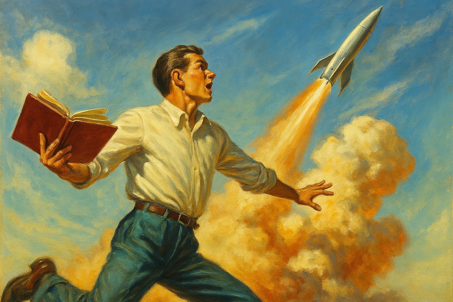 A man in a white shirt and jeans runs with an open book in hand, looking up in awe as a rocket launches into the sky behind him, trailing smoke and flames.