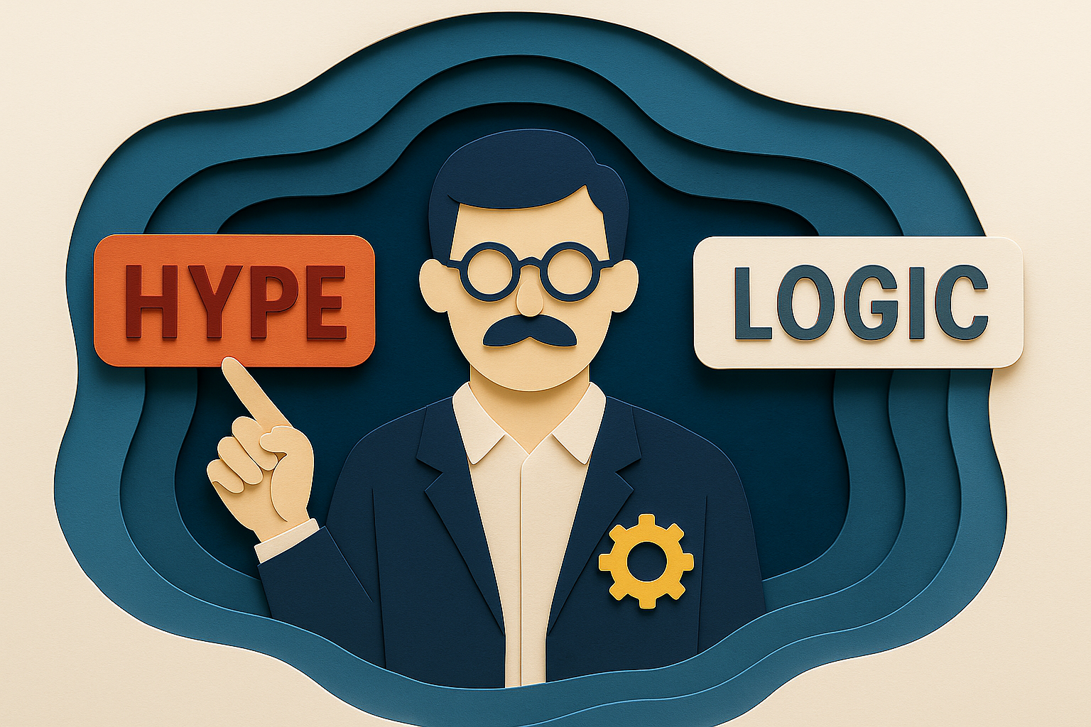 Paper-cut style illustration of a man in glasses and a suit pointing to a red "HYPE" sign on his left, with a white "LOGIC" sign on his right, set against layered blue background waves.