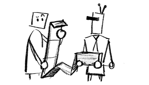 Sketch of two robots, one holding a clipboard and pointing, the other holding a box with buttons or dials.
