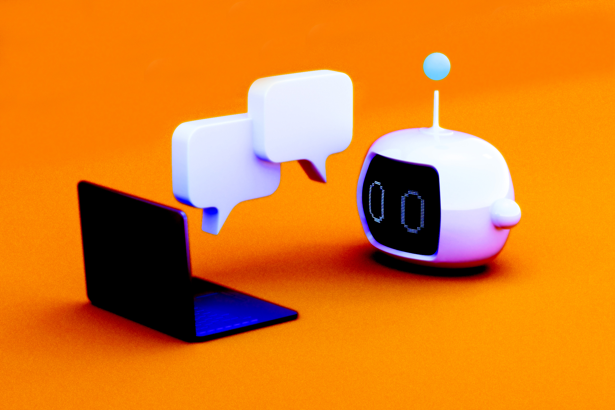 3D illustration of a small robot with a digital face displaying zeros interacting with a laptop, with two speech bubbles between them, set against an orange background.

