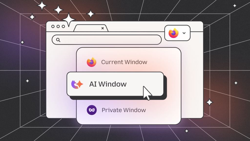 Illustration of a stylized Firefox browser window with a dropdown menu showing three options: "Current Window," "AI Window" (highlighted with a cursor pointer), and "Private Window," set against a retro-futuristic grid background with sparkles and stars.
