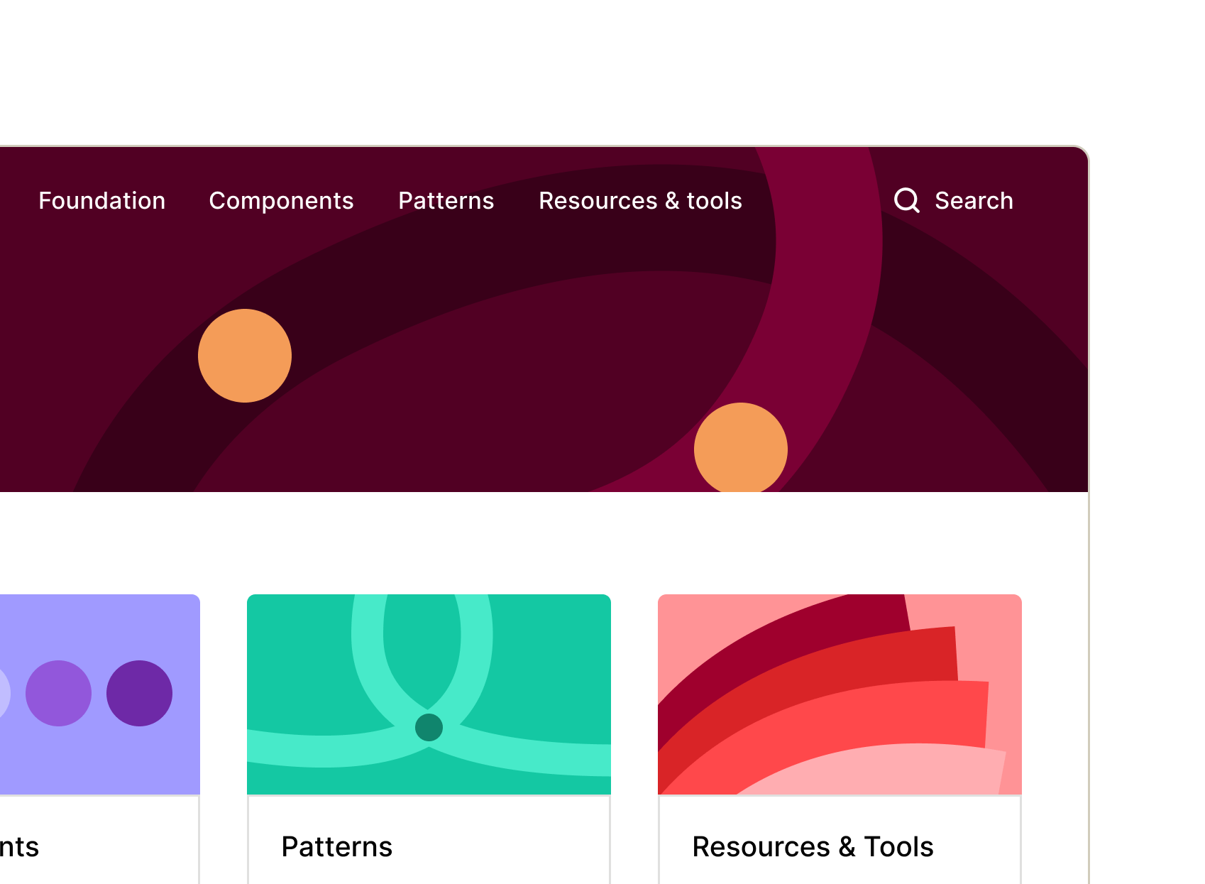 Website navigation interface with a dark maroon header featuring menu items: Foundation, Components, Patterns, Resources & tools, and a Search icon; below are colorful content cards labeled Patterns and Resources & Tools.
