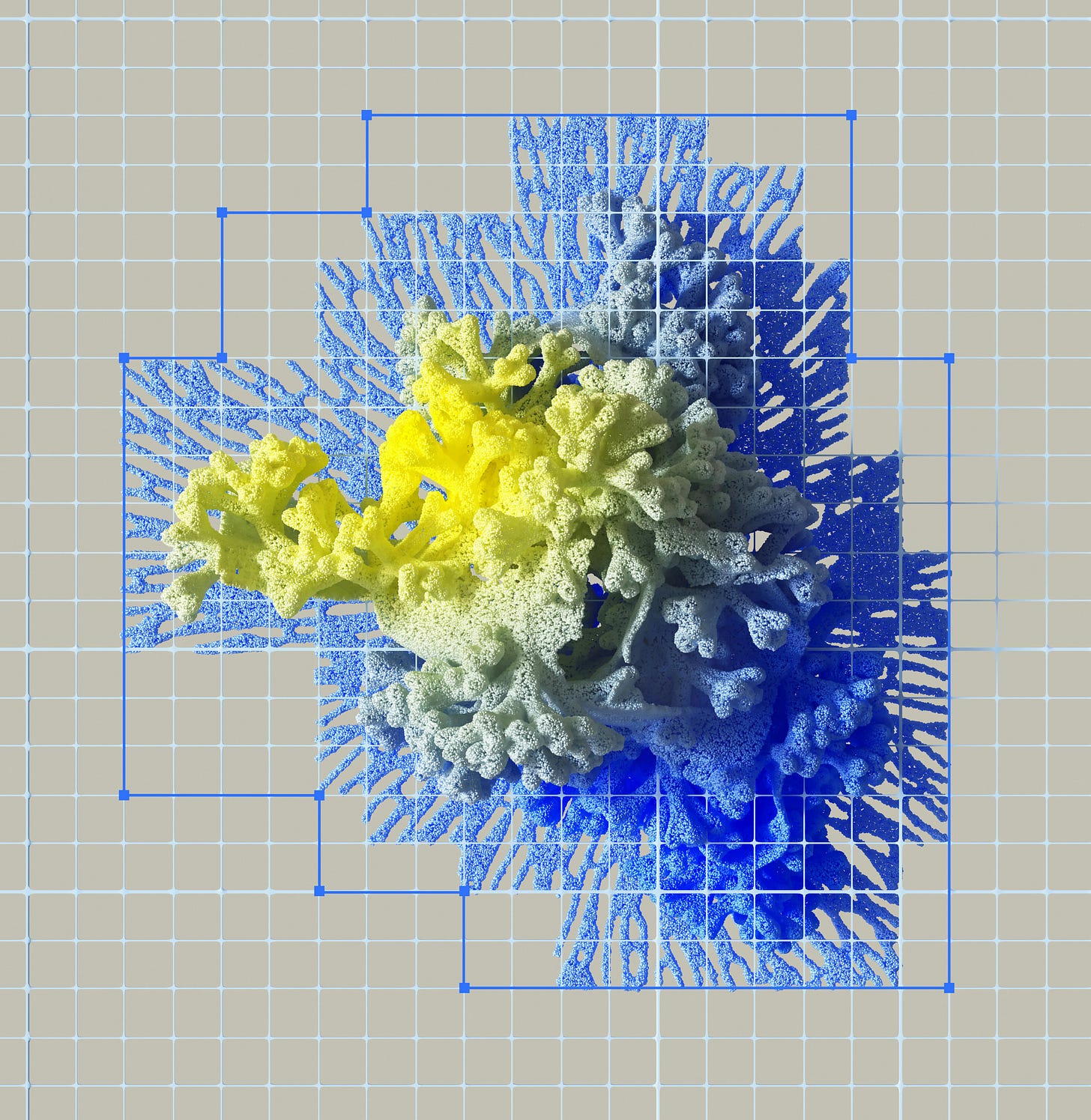 3D-rendered coral-like structure in gradient colors from yellow to blue, overlaid on a beige grid background with blue anchor points and outlines indicating selection or manipulation in a design interface.