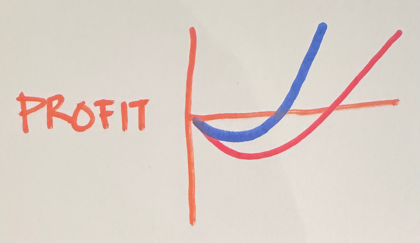 Hand-drawn graph labeled "PROFIT" showing three curves starting below the x-axis and rising; one blue curve rises steeply, one red curve rises moderately, and one orange curve levels off.
