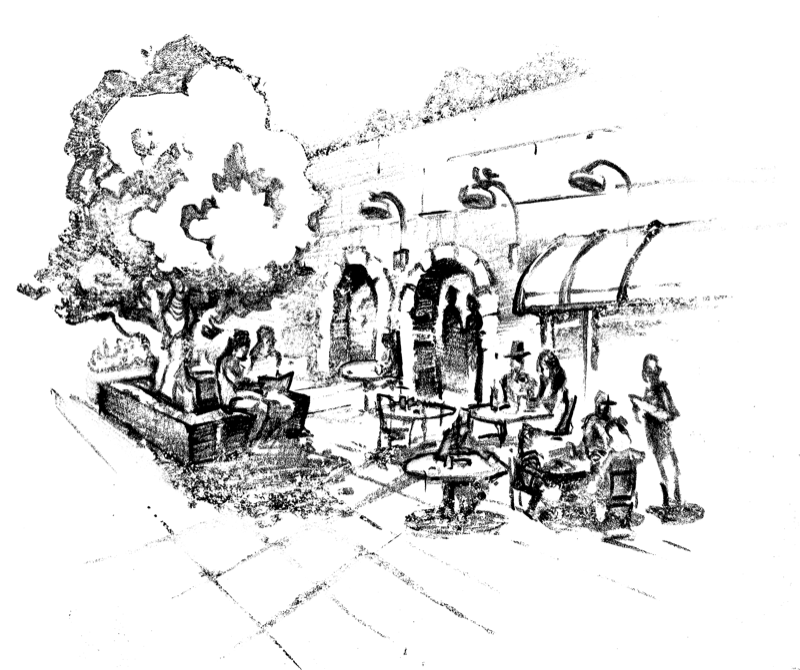 Pen and ink or charcoal-style drawing of people sitting at an outdoor European-style café with tables, chairs, and umbrellas, suggesting a casual, social atmosphere.

