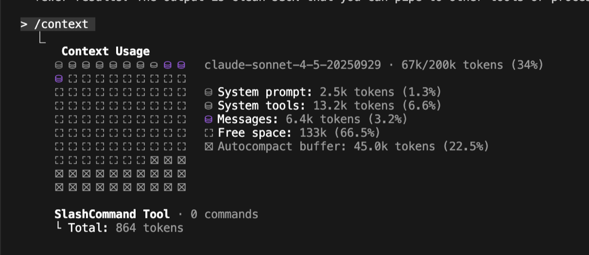 Terminal-style interface displaying context usage for Claude model "claude-sonnet-4-5-20250929" with a usage bar and breakdown: 67k/200k tokens used (34%), including system prompt (2.5k), system tools (13.2k), messages (6.4k), free space (133k), and autocompact buffer (45k); total token count is 864 for the current SlashCommand Tool session.
