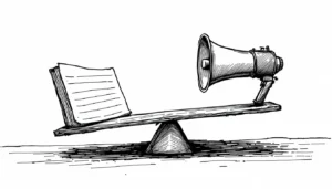 A seesaw with a book on one end and a megaphone on the other, balancing on a triangular fulcrum.