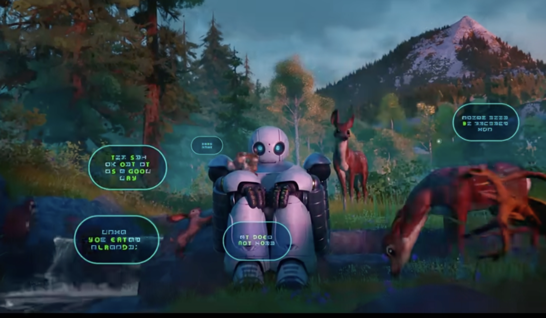 In a frame from an animated movie, a robot hunches against a forest landscape as deer graze. Small bubbles surround the robot, containing indecipherable text.