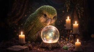 A beautiful green Kākāpō surrounded by candles gazes into a crystal ball