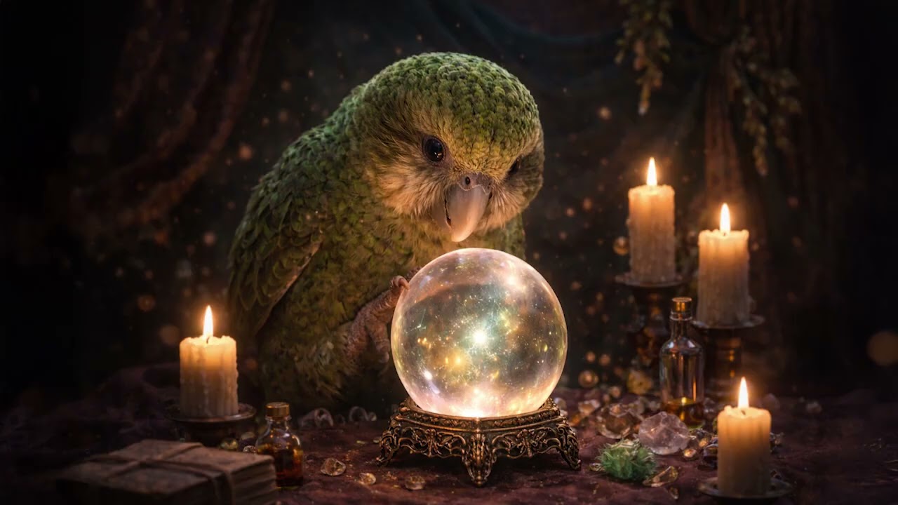 A beautiful green Kākāpō surrounded by candles gazes into a crystal ball