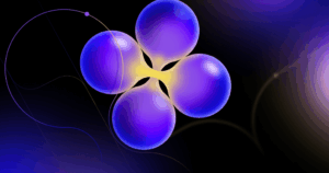 Four glowing purple spheres with yellow centers form a clover-like shape on a dark background with thin swirling lines.