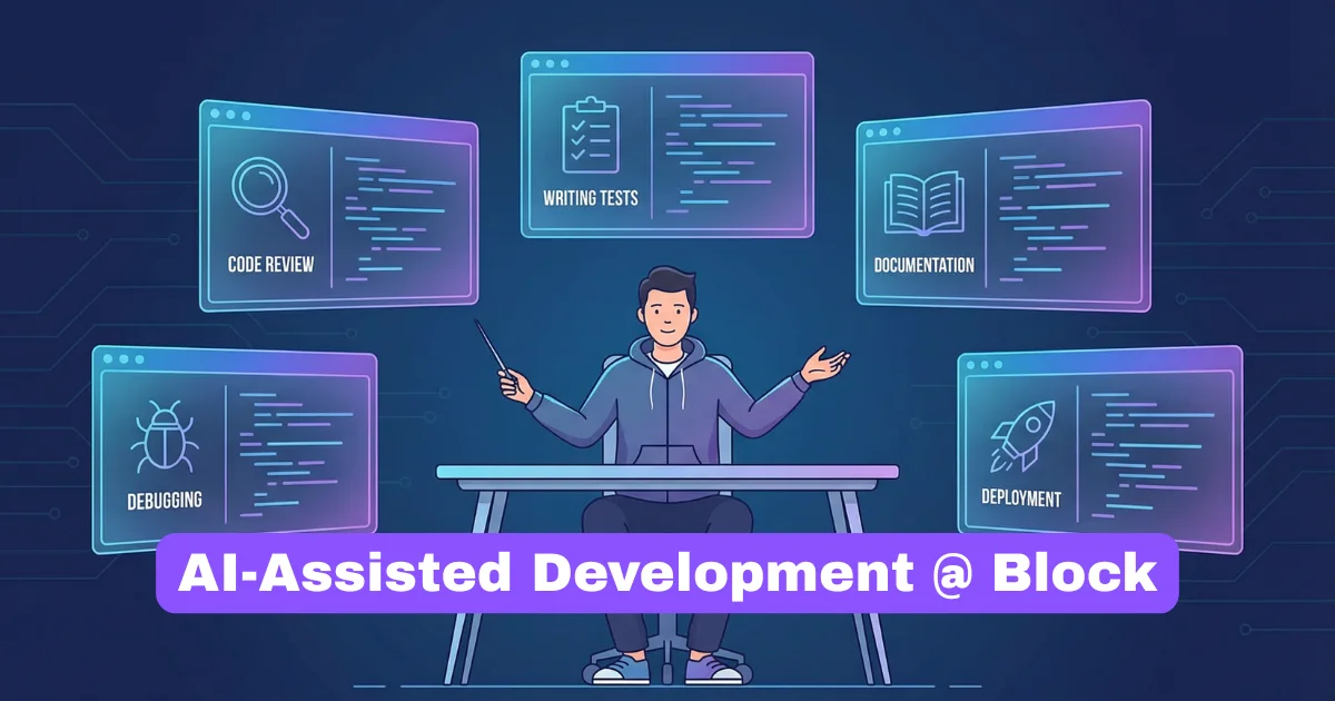 A person at a desk with five screens labeled Code Review, Writing Tests, Documentation, Debugging, and Deployment.