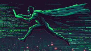 Superhero in a dark suit and cape, running while typing on a laptop, surrounded by digital data streams in a cityscape.