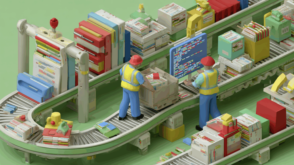 Workers in safety vests manage documents on conveyor belts, with one viewing a code-filled monitor, surrounded by file stacks.